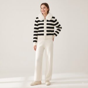 Soft Wool Striped Co-Ord Set with Fur Collar